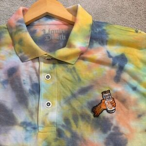 Liquid Death Mens XL Tie Dye Polo Shirt Short Sleeve Embroidered Patch Summer
